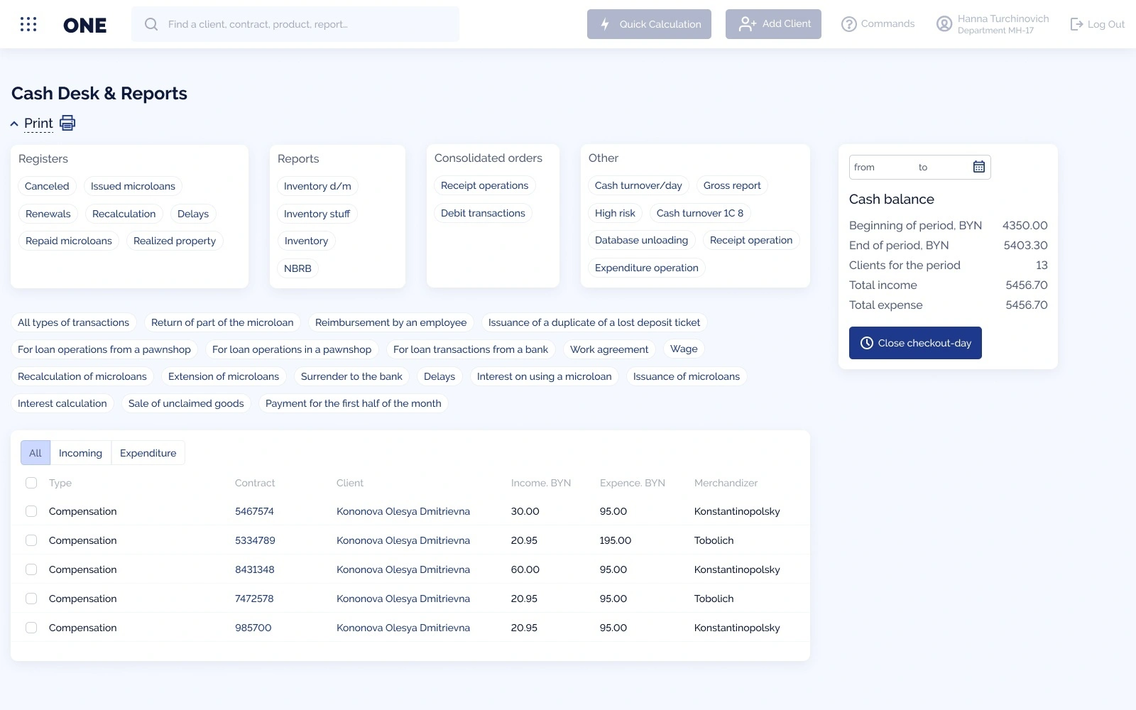 Cash desk & reports