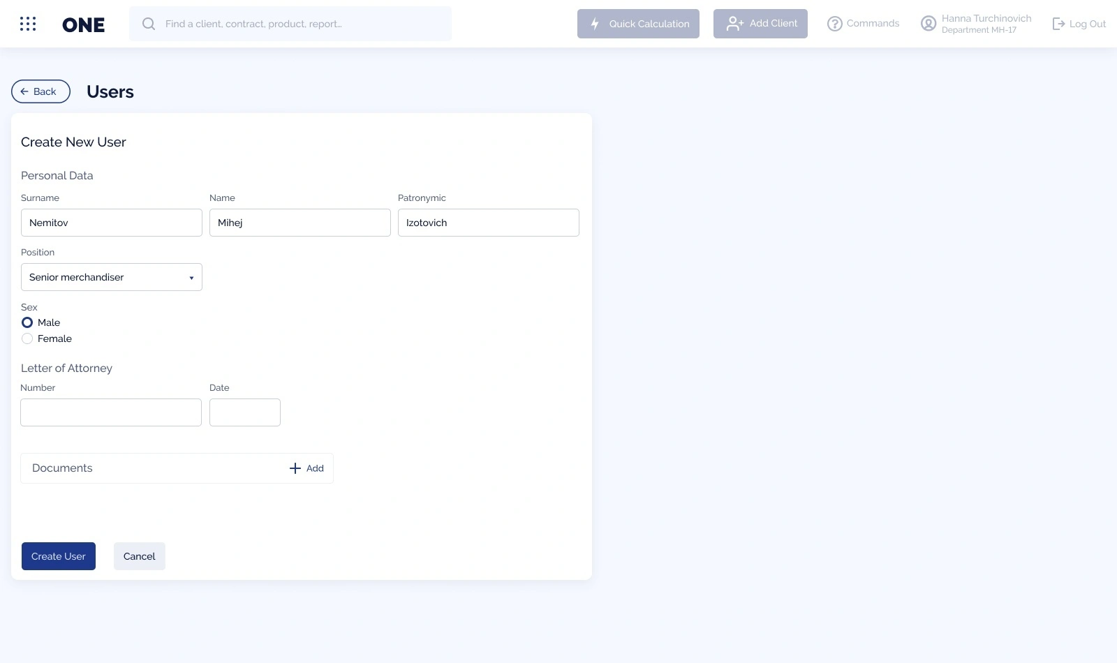 Create user